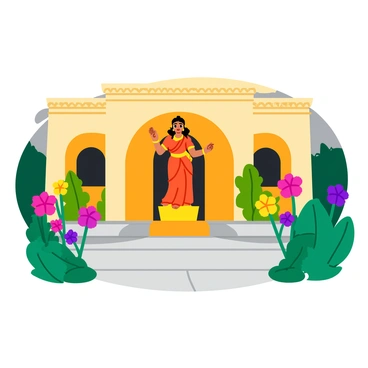 A peaceful temple courtyard featuring a grand statue of "Durga" standing majestically at the center. The statue is adorned with intricate details, showcasing vibrant colors. Surrounding the statue are various blooming flowers in a spectrum of colors including pink, yellow, and purple. The courtyard is paved with smooth stone tiles, and lush green plants can be seen peeking from the sides. Soft sunlight casts gentle shadows, highlighting the beauty of the scene.