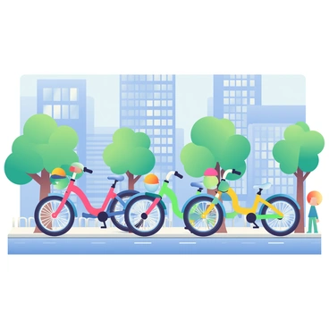 A row of colorful shared bikes is lined up neatly on a city street. The bikes are in vibrant colors including red, blue, green, and yellow, each with a matching helmet attached to the handlebars. The tires are shiny and freshly pumped, and the frames are well-maintained. In the background, there are tall buildings with glass facades reflecting the blue sky. Trees line the sidewalk, providing a touch of greenery to the urban setting. A few pedestrians can be seen in the distance, walking along the street.