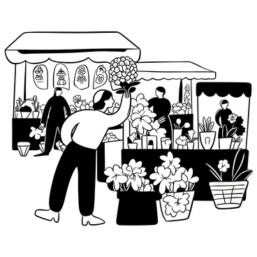 A person with a casual outfit standing at a bustling street market, reaching out to select a vibrant bouquet from a table full of various flowers. The market is filled with numerous stalls displaying an assortment of colorful flowers, greenery, and plants. Other shoppers are visible in the background, examining different items. The atmosphere is lively, capturing the essence of a busy market day, with hanging signs and baskets scattered around.