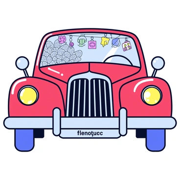 A vintage car with a shiny red exterior and chrome accents. The car features large, round headlights and a curved body design. Attached to the front grille is a delicate old-fashioned lace decoration. Various colorful hanging charms dangle from the rearview mirror inside the car, catching the light and adding a whimsical touch. The car is parked on a cobblestone street lined with quaint shops.