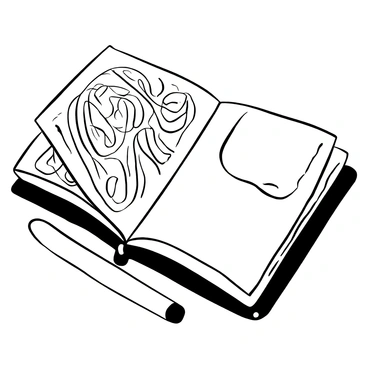 A journal lying open on a textured surface, showcasing its artistic cover design with intricate abstract patterns. The cover features swirling shapes and lines that create a sense of movement. Pages of the journal are slightly bent, revealing blank spaces ready for writing. A black pen rests beside the journal, hinting at its use. Shadows and highlights emphasize the depth of the patterns on the cover.