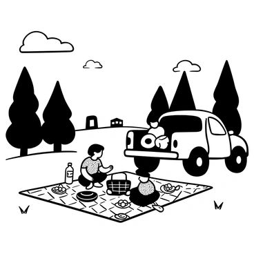 A family sitting on a checkered blanket spread out on the grass, gathered around a picnic basket. The truck is parked nearby, with its tailgate down and some bags resting on it. A child is reaching into the picnic basket, while another child is playing with a small frisbee. An open bottle of lemonade and plates of food are arranged on the blanket. In the background, there are tall trees lining the quiet countryside road. The sky above is clear, with a few scattered clouds.