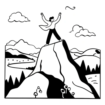 A man in a long coat standing triumphantly on a rugged mountain peak, with his arms spread wide. The wind is gently blowing, causing the coat to billow out behind him. Below, a vast landscape of rolling hills, forests, and winding rivers stretches out into the distance. Fluffy clouds float beneath the peak, adding depth to the scene. In the background, a few distant mountain ranges are visible under a clear sky. The image features strong contrasts in black and white, highlighting the textures of the rocks and the details of the landscape.