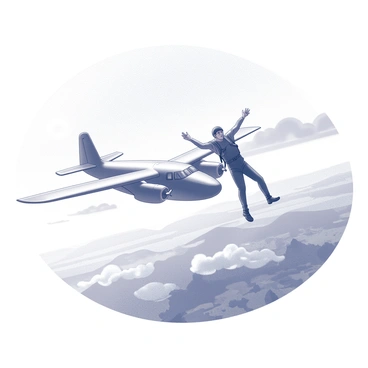 A skydiver is free-falling from an airplane against a backdrop of a vast sky. The plane is depicted with visible propellers and details on its fuselage, while the skydiver is in a head-down position, arms spread wide, wearing a parachute harness. The curvature of the Earth is prominently displayed in the distance, showcasing the horizon line dipping downward. Wispy clouds float around, adding depth to the scene, and the landscape below is a patchwork of fields and mountains, indicating a high altitude.