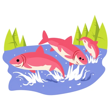 A group of vibrant pink salmon leaping out of a rushing blue river. The water is depicted with splashes and spray, emphasizing the movement and energy of the scene. In the background, there are lush green trees lining the riverbanks. The sky is a clear blue, providing a bright contrast to the dynamic scene of the fish as they migrate upstream.