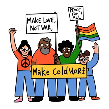 A diverse group of people standing together during a Cold War protest, each holding up peace signs and colorful banners with messages of peace. In the foreground, a young woman with light skin and big eyes is raising her fist in support, wearing a red shirt with a peace symbol. Beside her, a middle-aged man with dark skin and big eyes is holding a banner that reads "Make Love, Not War." In the background, a young man with curly hair and big eyes is waving a rainbow flag, while another person, a woman with glasses and big eyes, is displaying a sign that says "Peace for All." The scene is filled with energy, showing solidarity among the protesters.