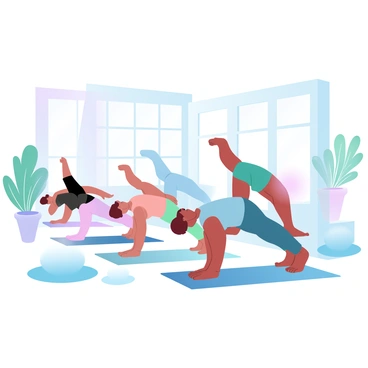 A small group of people is participating in a pilates session on colorful mats in a bright studio. Each person is in a different pose, showcasing various pilates exercises. The studio features large windows allowing natural light to flood in, creating a warm atmosphere. There are several plants in the corners of the room, adding a touch of greenery. Soft pastel colors occupy the walls, enhancing the serene environment.