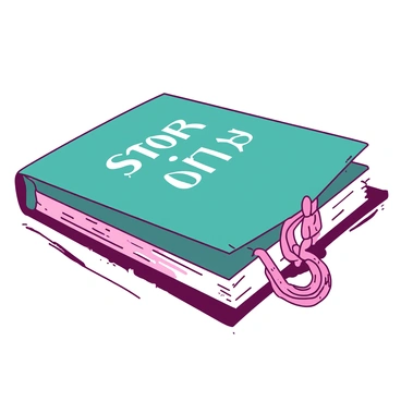 A teal book titled "The Story of Us" is resting on a wooden table. The book is slightly open, revealing its pages with delicate text. A colorful friendship bracelet, made of intertwined threads in pink and white, is tucked into the book as a bookmark, with one end hanging out, adding a playful touch. The lighting casts soft shadows, enhancing the textures of the book cover and the bracelet.