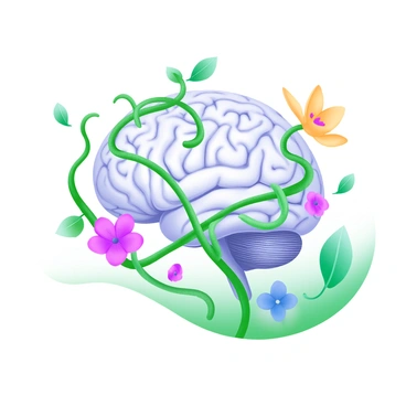 A brain intertwined with vines and flowers, symbolizing nature and technology