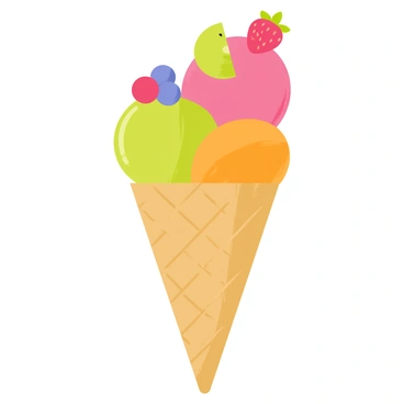 A fun vector scene of a cone filled with fruit-flavored ice cream scoops topped with fresh fruit.