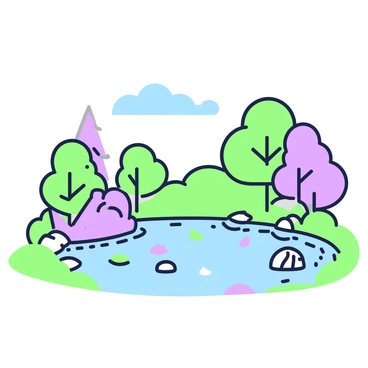 A pond is situated in a tranquil setting, with colorful leaves gently floating on the surface. The water reflects the blue sky above, creating a mirrored effect. Around the edges of the pond, several trees with a mix of green and purple foliage stand tall. Small ripples can be seen in the water near the shore, and a few rocks are placed around the pond, partially submerged.