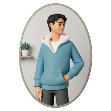 Someone with their sweater on inside-out in a mirror reflection