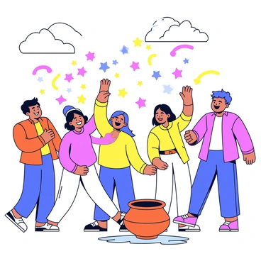 A group of joyful participants celebrating by throwing vibrant colored powders into the air. The scene shows multiple individuals wearing traditional Indian attire, with some in bright kurtas and others in colorful sarees. They are smiling and laughing, surrounded by a cloud of colors that create an energetic atmosphere. The broken clay dahi handi pot can be seen on the ground, with remnants of yogurt spilling out, adding to the festive environment. The sky above is clear with a few fluffy clouds, enhancing the lively feel of the moment.