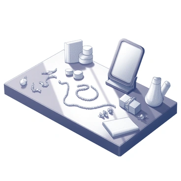 Jewelry laid out on a vanity table, sparkling in the morning sun