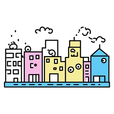 A cityscape filled with various buildings of different heights and designs, each adorned with "eyeballs" peeking out from "windows." The buildings have smooth surfaces and are colored in muted tones, providing a contrast to the colorful, cartoonish "eyeballs" that observe the street below. The "eyes" vary in size and expression, some looking curious while others appear sleepy. The scene is set during the day with a clear sky overhead, and a few fluffy clouds drifting by. Streets below are empty, emphasizing the whimsical nature of the buildings.