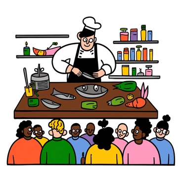 A chef with light skin and short black hair wearing a white chef's coat and a black apron is standing behind a large wooden table. The table is filled with various fresh fish, vegetables, and cooking utensils. The chef is holding a shiny knife, demonstrating how to fillet a fish with confident motions. In front of the chef, there is a captivated crowd of diverse individuals, including a woman with big eyes and curly hair, and a man with big eyes and glasses. They are leaning forward, watching closely, engaged in the chef's demonstration. The background features colorful kitchen decor and shelves lined with spices and cooking books.