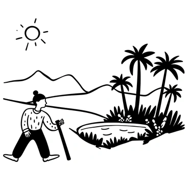 A weary vagabond with tattered clothing is walking through a vast desert, the sun beating down on the dry sand. The figure is leaning on a worn-out walking stick, looking towards a lush oasis in the distance. The oasis is surrounded by tall palm trees with broad fronds, casting shadows on the ground. A clear pool of water sits at the center of the oasis, with ripples reflecting the surrounding greenery. Various plants and vibrant foliage encircle the water, contrasting sharply against the barren sandy landscape in the background.