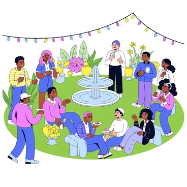 A lively garden party taking place in a vibrant green garden. Guests are mingling in small groups, enjoying conversations and laughter. The focal point of the scene is an elegant fountain with flowing water, surrounded by colorful flowers and lush plants. Some guests are holding drinks, while others are seen with small plates of food. In the background, there are string lights hanging above, adding a cheerful ambiance to the gathering.