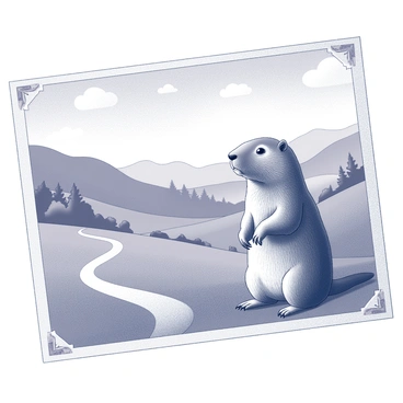 A vintage-style postcard. In the foreground, a groundhog stands on its hind legs, with its fur detailed and its eyes wide open in curiosity. The groundhog is positioned slightly off-center, allowing for a scenic landscape in the background. The landscape features rolling hills, with a mix of trees and shrubs dotting the terrain. A winding path leads through the hills, drawing the viewer's eye into the distance. The sky above is clear with a few fluffy clouds, contributing to the tranquil atmosphere of the scene. The edges of the postcard are embellished with decorative borders, enhancing the vintage feel.