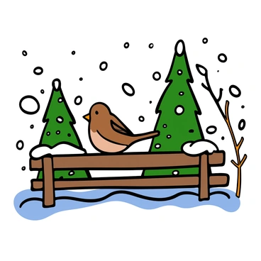 A sparrow sitting on a snow-covered fence, surrounded by a winter wonderland.
