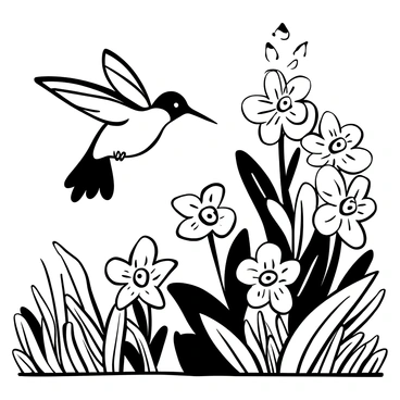 A hummingbird hovering in mid-air near a cluster of blooming bee balm flowers. The flowers have intricate petal shapes and varying textures. The garden is filled with lush greenery surrounding the flowers. Light shines through the leaves, creating a play of shadows and highlights on the ground. The hummingbird has iridescent feathers and is positioned with its wings spread out, creating a sense of motion.