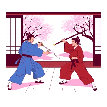 Two skilled sword masters are engaged in a sparring match inside a dojo. One sword master is wearing a traditional blue kimono while the other is clad in a contrasting red kimono. Both are focused intensely as they wield their swords in dynamic stances. In the background, cherry blossom trees with pink petals are visible through the open shoji doors of the dojo. The soft light filters through, creating a serene atmosphere. The wooden floor of the dojo reflects the movement of the sparring masters, adding to the energy of the scene.