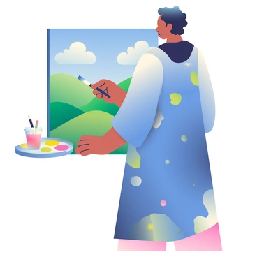 An artist with light brown skin and curly hair is standing in front of a large canvas, focused intently on their work. They are wearing a blue smock splattered with paint. The canvas displays a vibrant landscape featuring rolling green hills under a bright blue sky, dotted with fluffy white clouds. To the left of the canvas, there is a palette with a mix of colors, including bright yellows, soft pinks, and deep blues. A few paintbrushes are resting in a jar beside the palette. The artist holds a brush in their right hand, poised to add more detail to the scene, while their left hand gently rests on the canvas edge.