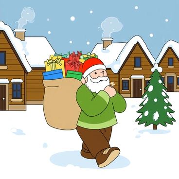 A small nisse with a fluffy white beard and a red hat is walking through a snowy village. He is wearing a green tunic and brown pants. The nisse has a cheerful expression on his face as he carries a large burlap sack filled with colorful gifts. The sack is overflowing with boxes wrapped in vibrant paper and decorated with ribbons. Snowflakes are gently falling around him, and the village features charming wooden houses with smoke rising from their chimneys. The ground is covered with a thick layer of snow, and there are twinkling lights hanging from the houses. A few evergreen trees are scattered around, their branches dusted with snow.