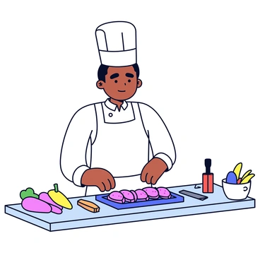 A chef with a focused expression is standing at a kitchen countertop. The chef is wearing a white apron and a tall white chef's hat. In front of the chef is a cutting board with slices of moo deng, which are pieces of red pork, neatly arranged. The kitchen is organized, with various utensils and ingredients visible on the countertop, including a sharp knife and colorful vegetables. The chef's brow is slightly furrowed, suggesting deep concentration as they prepare the dish. Soft lighting highlights the chef and the vibrant colors of the ingredients.