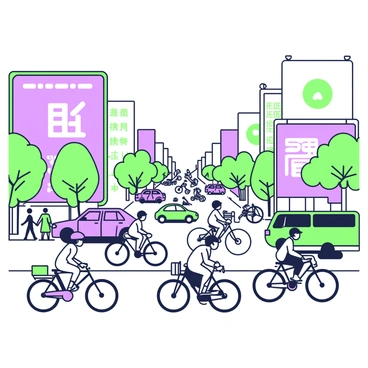 A bustling street scene in Beijing is filled with various bicycles weaving through the flow of traffic. Numerous cyclists are navigating the road, some carrying packages and others riding side by side. Tall buildings line both sides of the street, featuring billboards in the background. Cars and buses are visible in the foreground, moving alongside the bicycles. Pedestrians are walking on the sidewalks, some stopping to observe the lively scene. The sky above is clear, adding to the energetic atmosphere of the city.