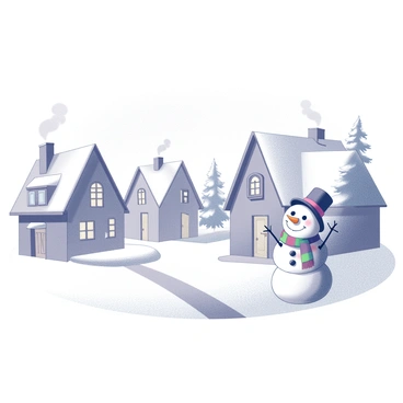 A vintage holiday card design depicting a winter landscape. In the foreground, a cheerful snowman stands proudly, adorned with a colorful scarf and a small top hat. Surrounding the snowman are several snow-covered cottages with steep roofs, their chimneys puffing out gentle wisps of smoke. The cottages have intricately designed windows and wooden doors, contributing to the nostalgic charm. In the background, softly falling snowflakes create a serene atmosphere, while a few evergreen trees peek through the white blanket of snow. The scene captures the essence of a cozy winter holiday.