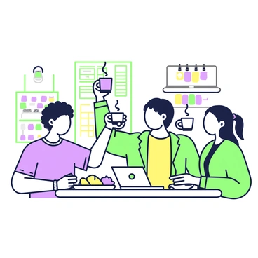 A group of three friends is seated at a small round table in a cozy cafe. They are smiling and raising their coffee cups in a toast. One friend has curly hair and is wearing a blue shirt, while another has straight hair and is dressed in a green jacket. The third friend has long hair tied back and is wearing a yellow sweater. On the table, there are three cups of steaming coffee, a small plate of pastries, and a laptop that is open to a financial spreadsheet. Behind them, a cafe backdrop features shelves filled with various coffee beans and colorful mugs hanging on the wall. A warm light illuminates the scene, enhancing the cheerful atmosphere.