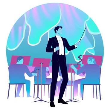 An orchestra conductor stands confidently at the front, holding a baton, with a focused expression on their face. They are dressed in a sleek black tuxedo. Surrounding them are various instruments, including violins, cellos, and trumpets, positioned in harmonious arrangement. The instruments appear to morph seamlessly into the vibrant aurora borealis that glows in the background. The auroras display a dazzling array of greens, purples, and blues, swirling gracefully across the night sky, creating a stunning backdrop to the musical scene. The conductor's movements seem to resonate with the colors of the aurora, enhancing the sense of connection between the music and the natural phenomenon.