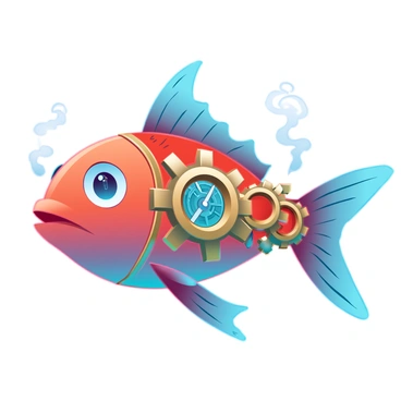 A steampunk-inspired Magikarp with intricate brass gears embedded in its body. Its mechanical fins are elegantly designed, featuring a combination of polished metal and leather. The scales of the Magikarp are a mix of deep orange and bronze, reflecting light in a metallic sheen. Steam emits from small vents along its sides, adding a dynamic element to its appearance. The eyes are large, with a clockwork mechanism visible within, giving it an animated expression.