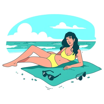 A teal beach towel is spread out on the sand, and a woman is lying comfortably on it. She has long wavy hair that cascades over her shoulders, and she is wearing a bright yellow swimsuit. The sunlight casts gentle shadows across her relaxed body as she enjoys the warmth. In the background, the ocean waves are gently lapping at the shore, and a few fluffy white clouds drift across the bright blue sky. A pair of sunglasses rests on the towel next to her, reflecting the sunlight.