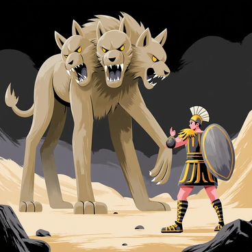 A fierce three-headed Cerberus stands menacingly, each head snarling with sharp teeth bared. In front of Cerberus, a hero clad in shining ancient Greek armor, with a plumed helmet and a shield raised defensively, prepares for battle. The rocky landscape is rugged and uneven, with boulders scattered around and a dark sky looming overhead. The tension between the hero and Cerberus is palpable, as dust swirls around them, adding to the dramatic scene.