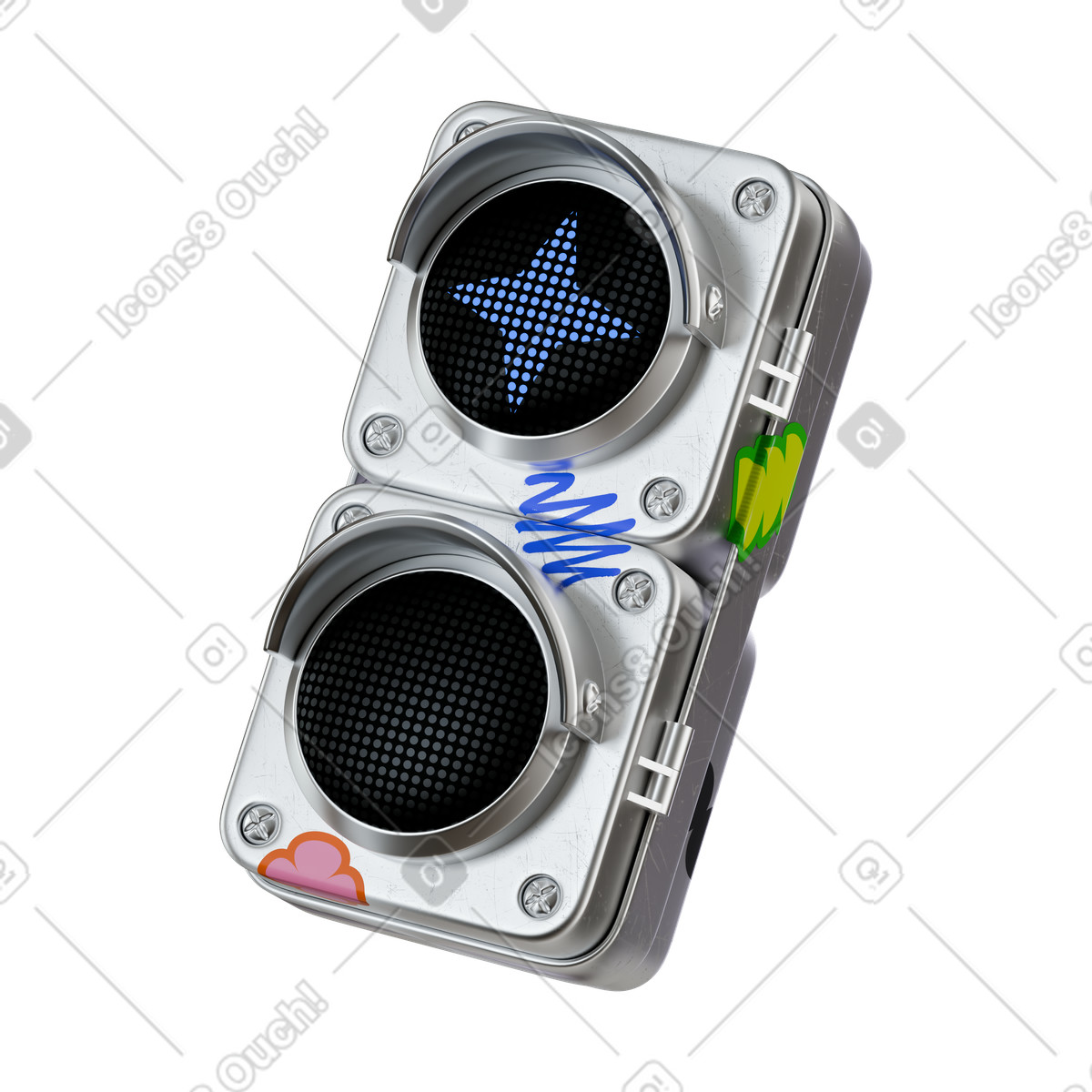 Illustration Traffic light device with blue star signal and graffiti stickers dans le style 3D Stickle à télécharger aux formats PNG, SVG
