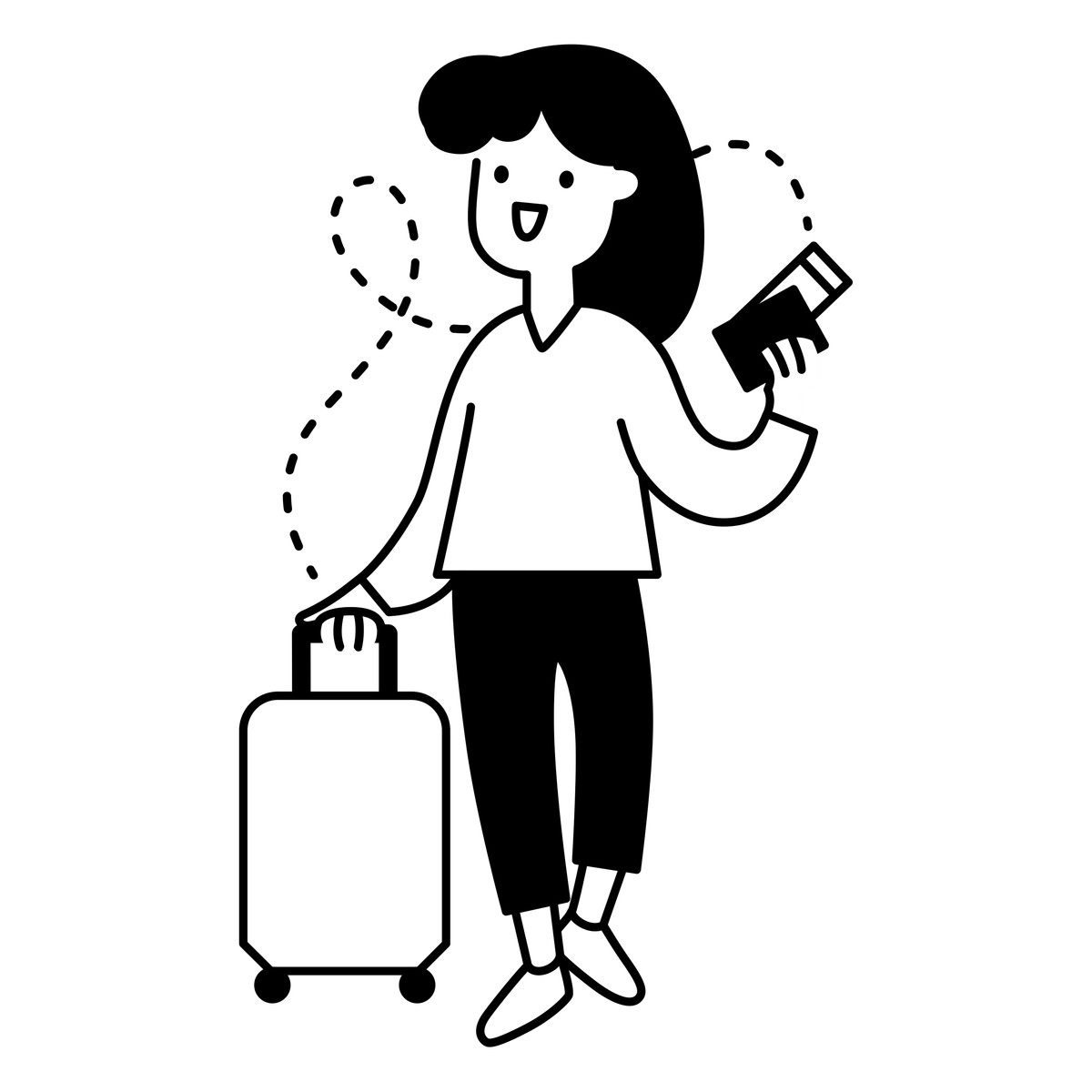 Traveler holding suitcase and boarding pass ready for airport departure illustration in Notion Line Art style download in PNG, SVG