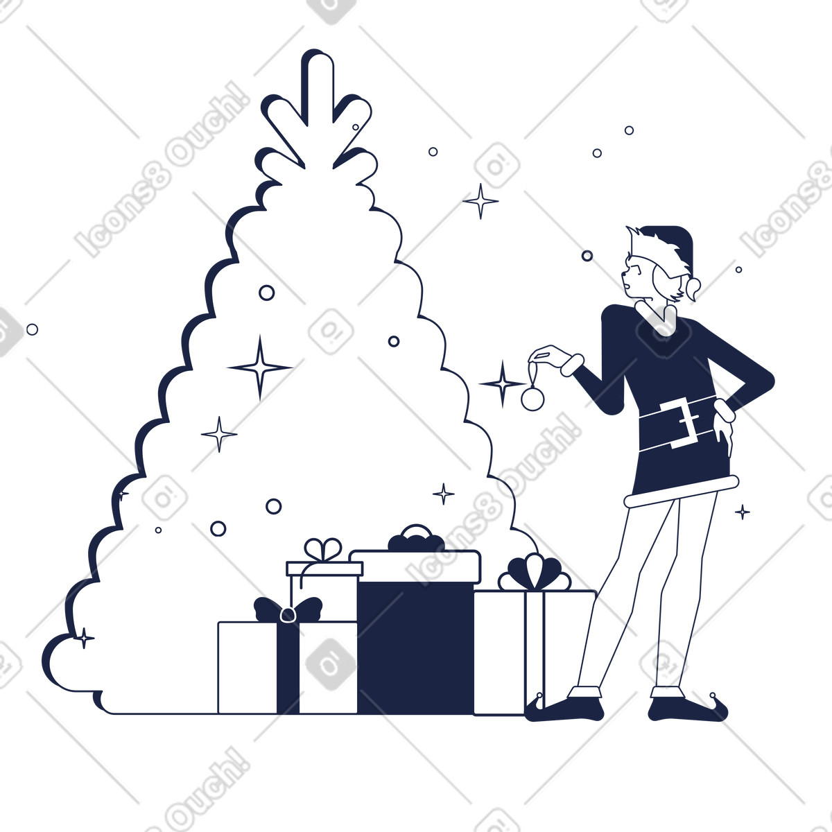 Ilustración Mujer joven cerca del árbol de navidad con regalos en estilo Urban Line a descargar en PNG y SVG