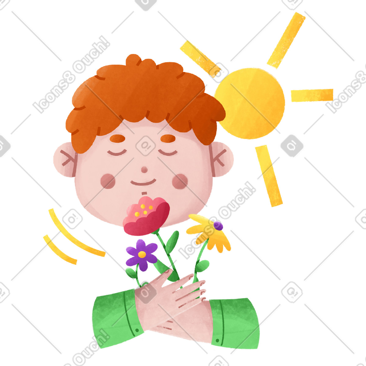 下载 Bonbon 风格的 一个红头发的男孩手捧鲜花，站在阳光下 插画，支持 PNG、SVG 格式