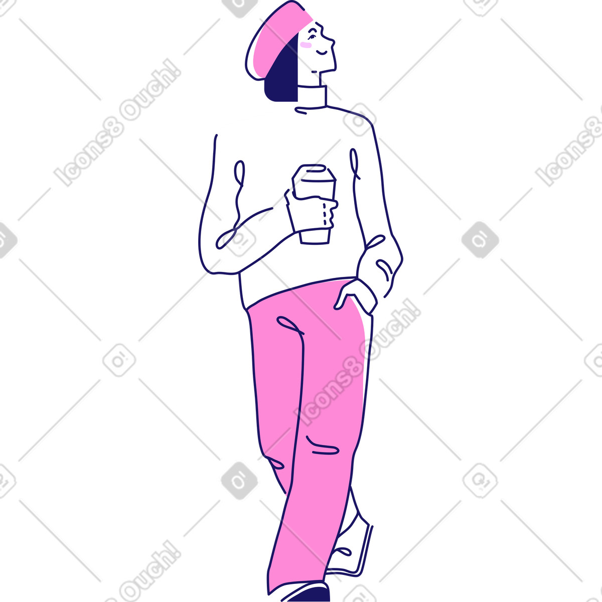 Ilustración Mujer en una boina con taza de café estilo Matey a descargar PNG y SVG