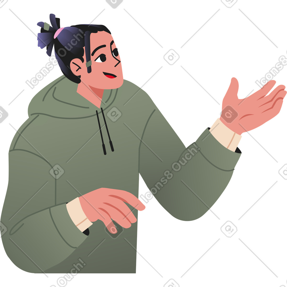 Illustration Jeune femme dans un sweat à capuche expliquant quelque chose le style Coworking télécharger aux formats PNG, SVG