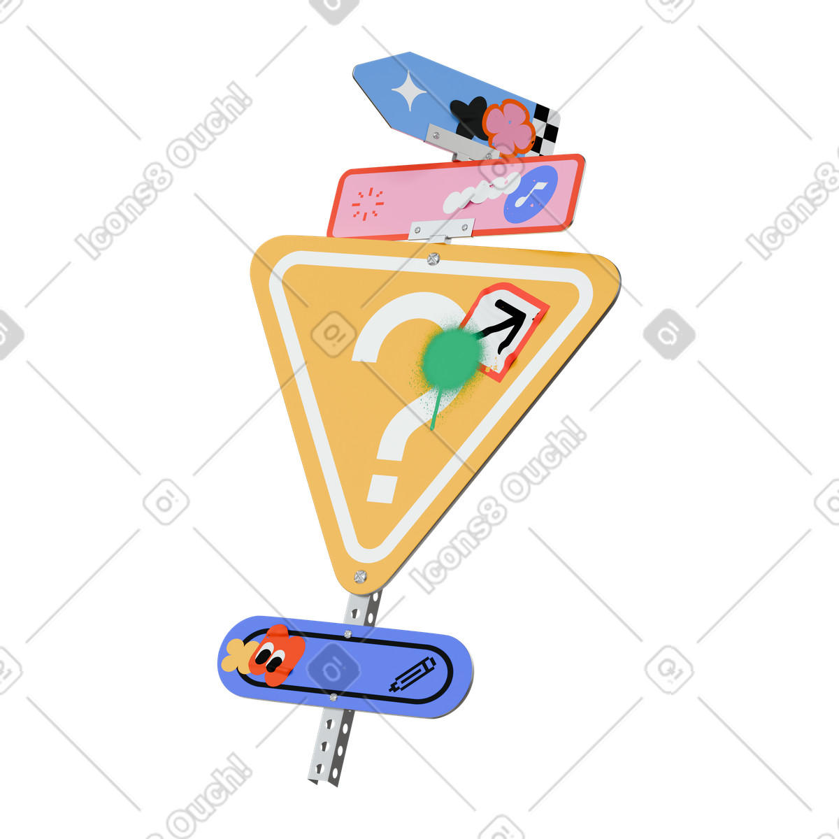 Question sign with stickers illustration in 3D Stickle style download in PNG, SVG