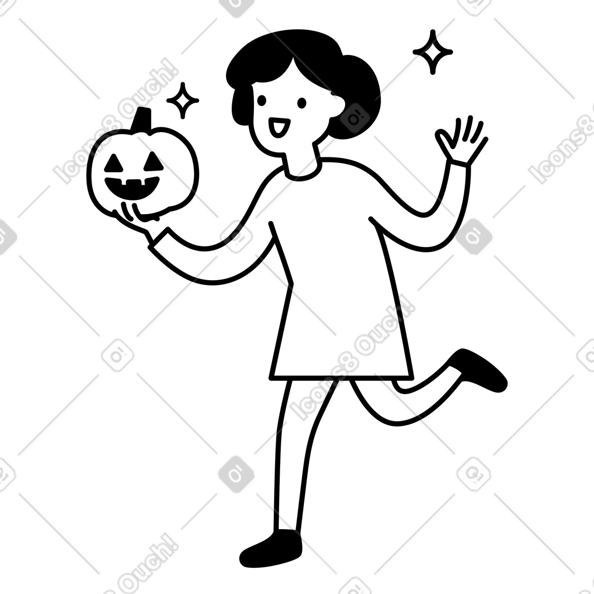 下载 Notion Line Art 风格的 Character dancing joyfully with carved pumpkin and sparkling halloween stars 插画，支持 PNG、SVG 格式