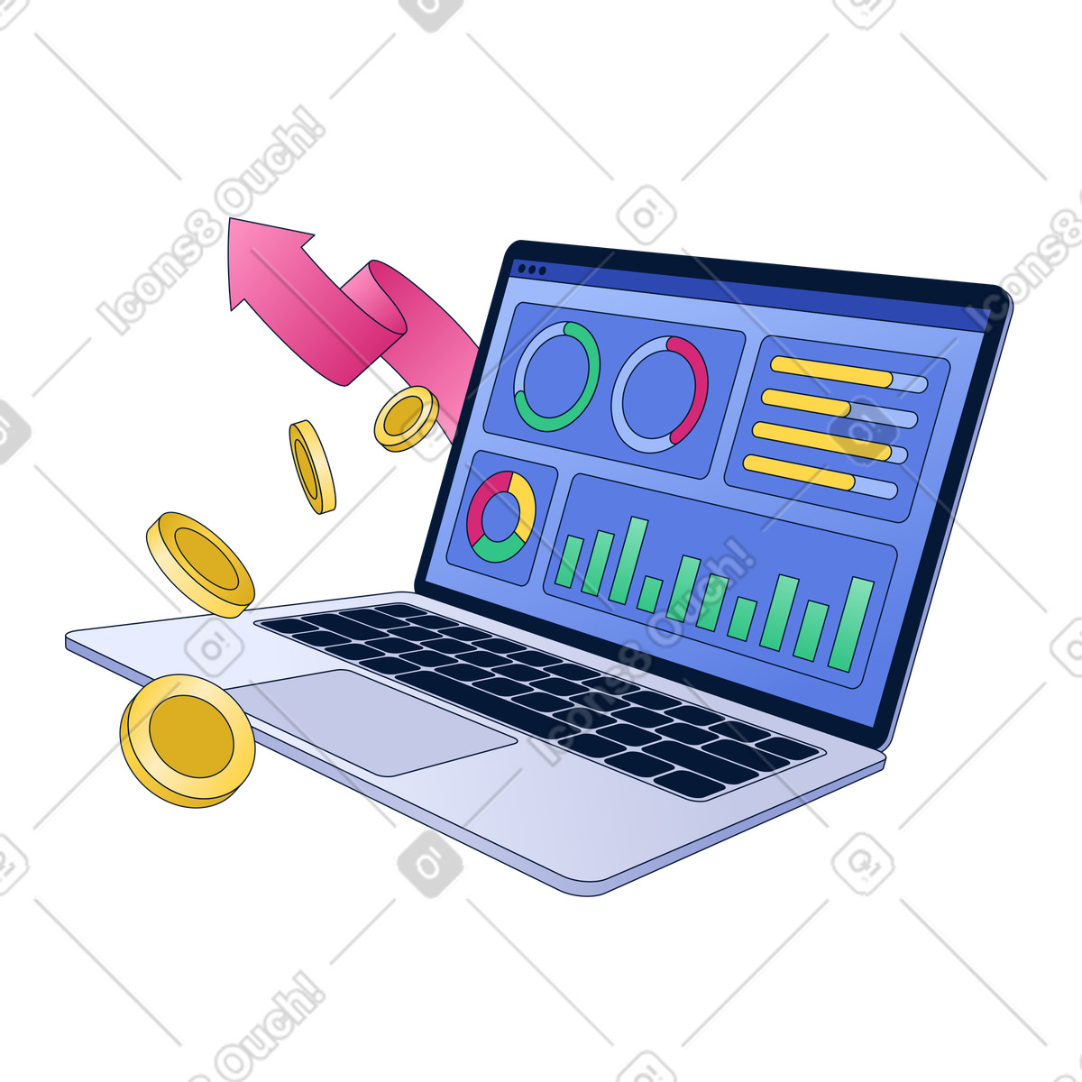 Dashboard con analisi finanziarie sul laptop illustrazione in stile Neat scarica in PNG, SVG