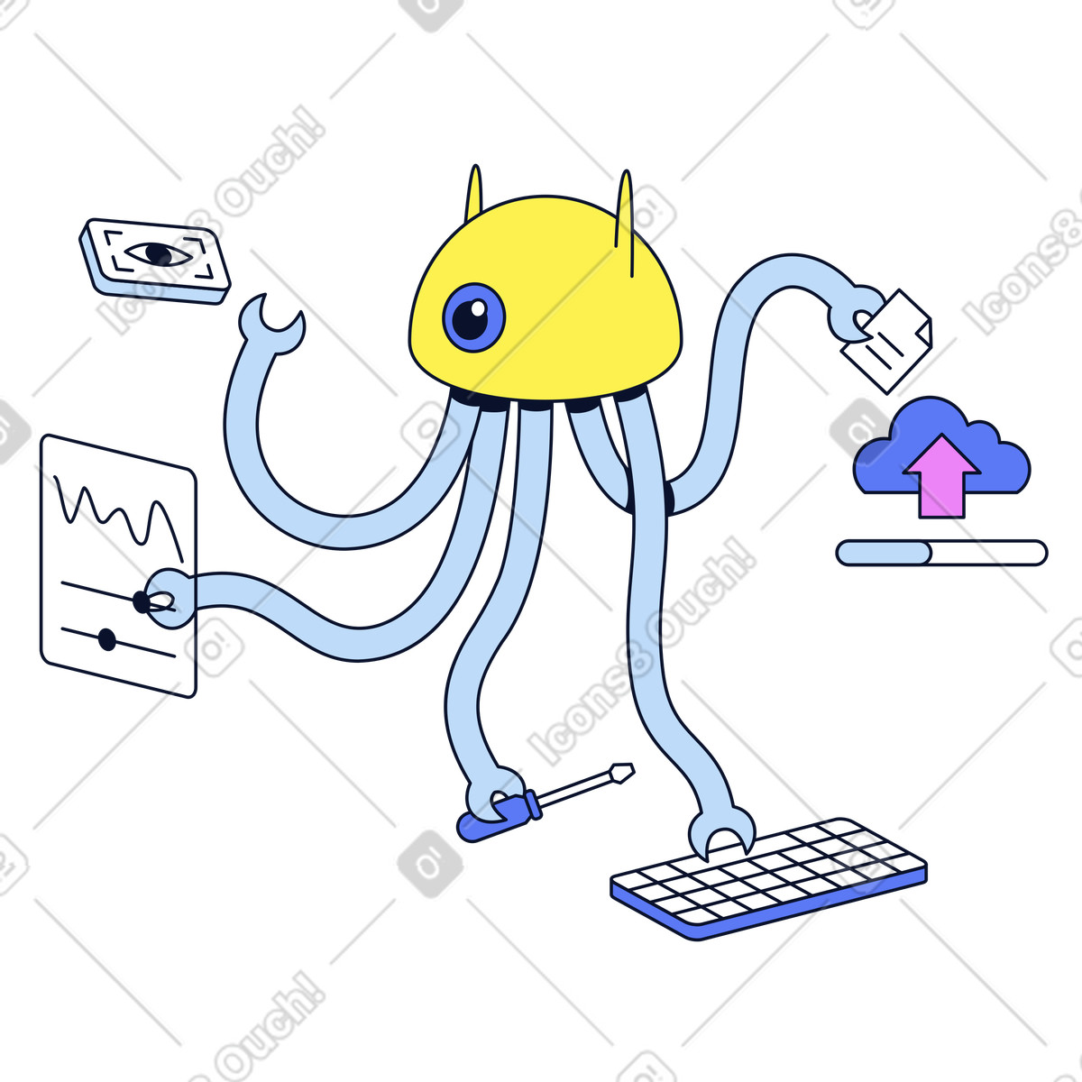 Multi-armed AI robot juggling tasks, Artificial intelligence workflow and multitasking illustration in Flexy style download in PNG, SVG