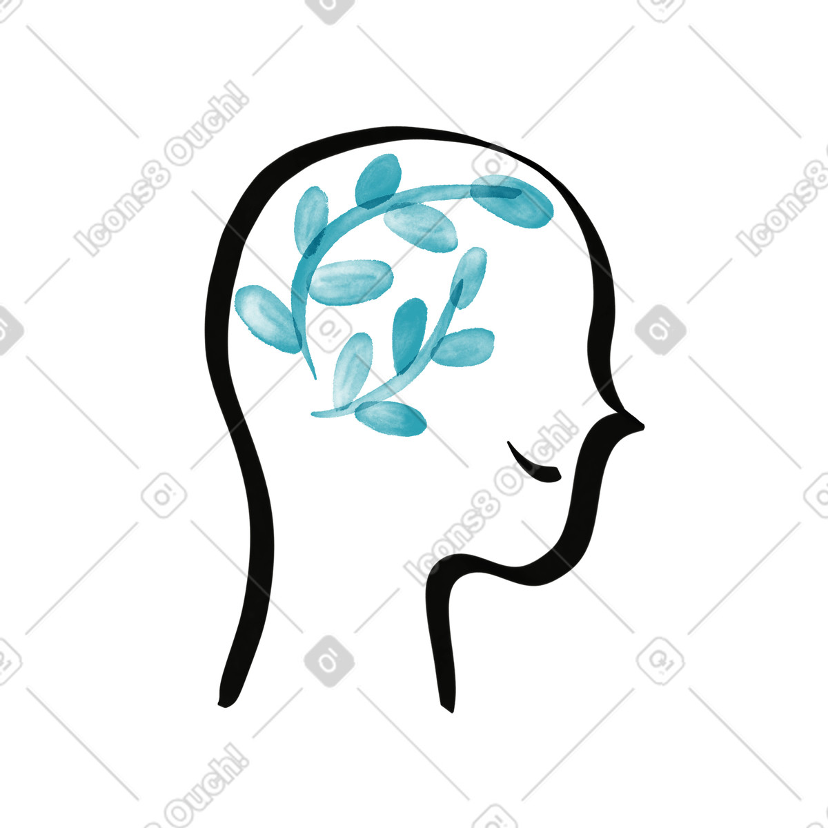 下载 Watercolor sketch 风格的 Head silhouette with blue leaves symbolizing calm positive mental health 插画，支持 PNG、SVG 格式
