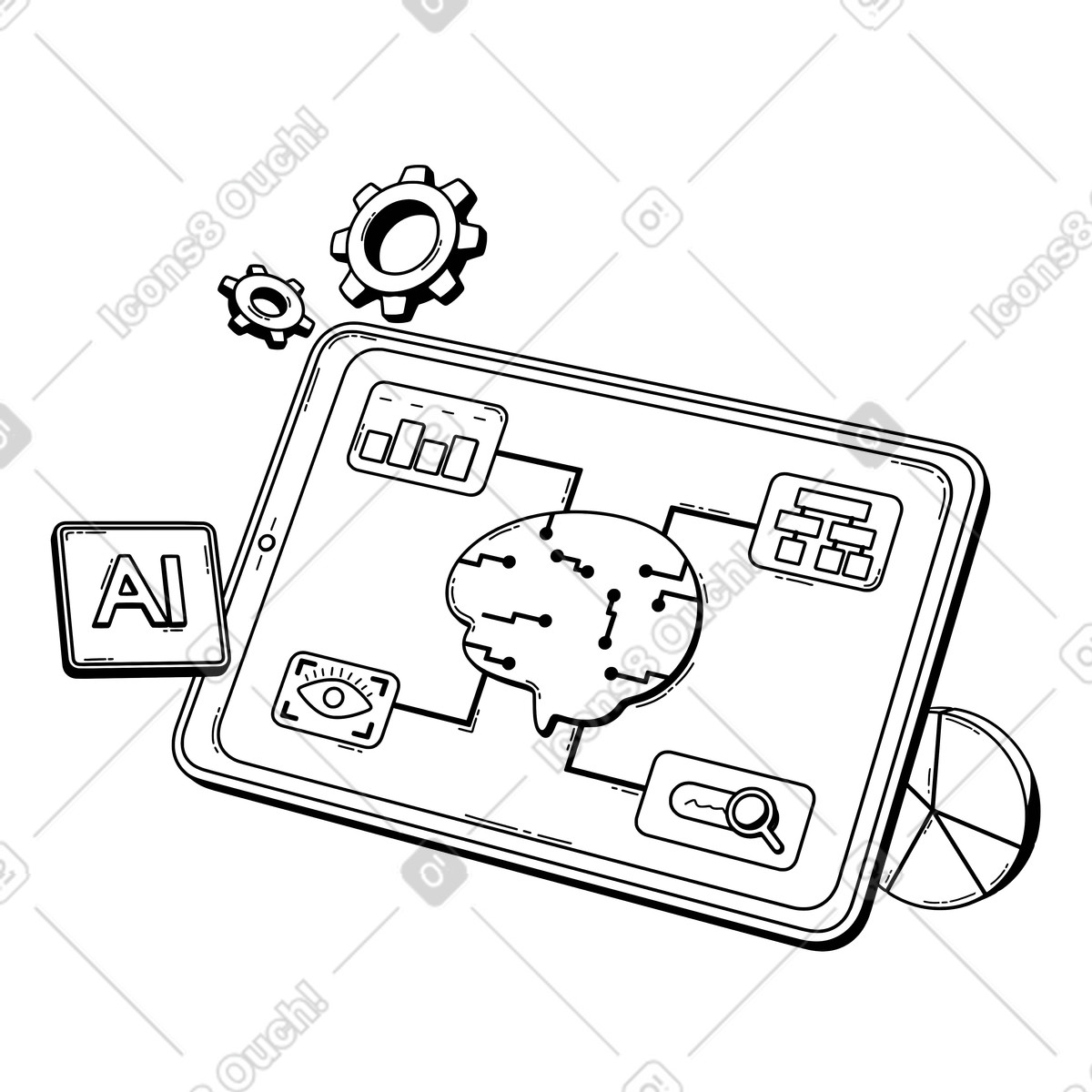 Dashboard di analisi dell'intelligenza artificiale su tablet, approfondimenti sui dati illustrazione animata in stile 3D Techny Line scaricabile in GIF, Lottie (JSON), AE