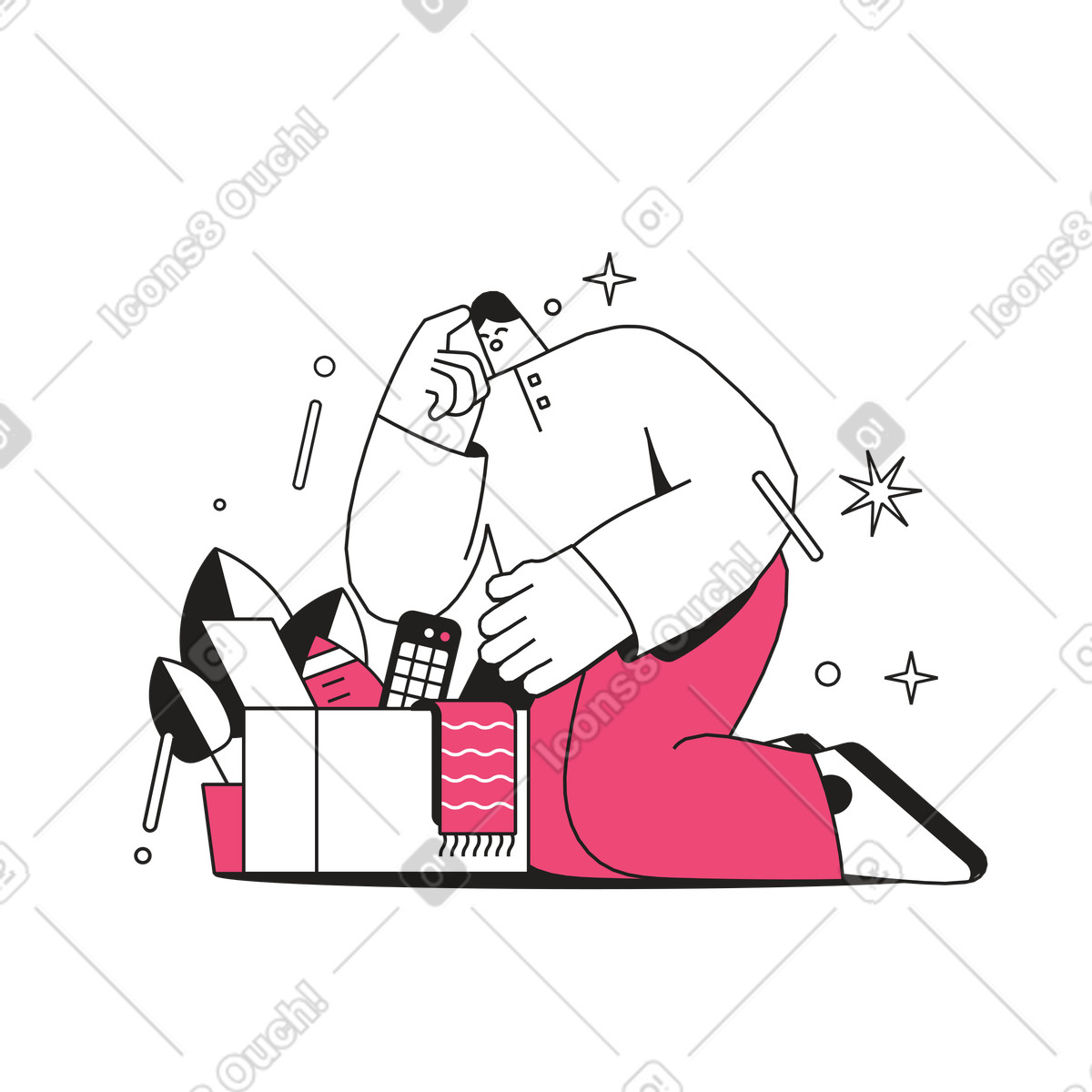 Ilustración Hombre buscando un control remoto en una caja de cartón estilo Dazzle Line a descargar PNG y SVG