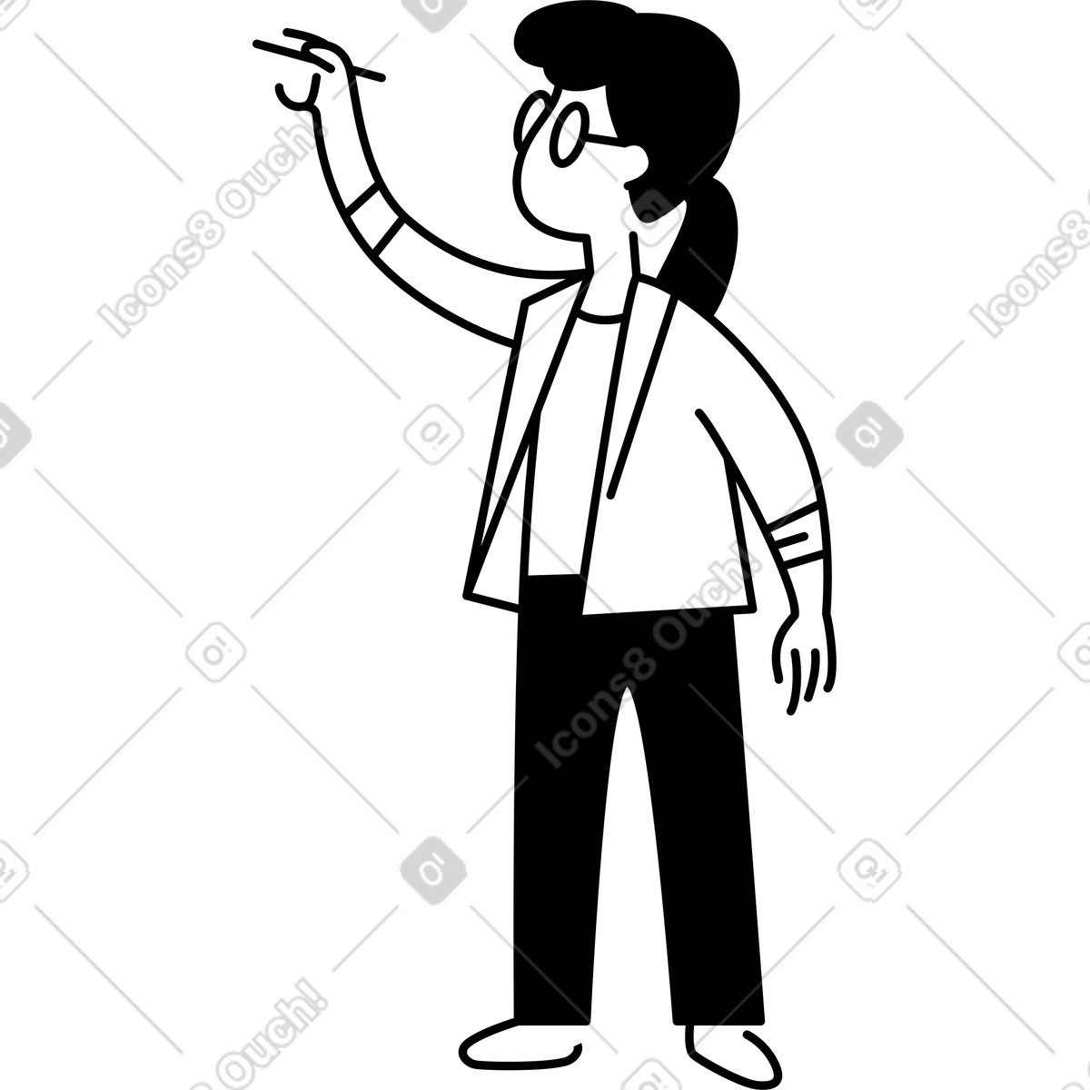 Teacher holding chalk writing gesture with raised arm and glasses-Illustration im Notion Line Art-Stil als Download in PNG, SVG